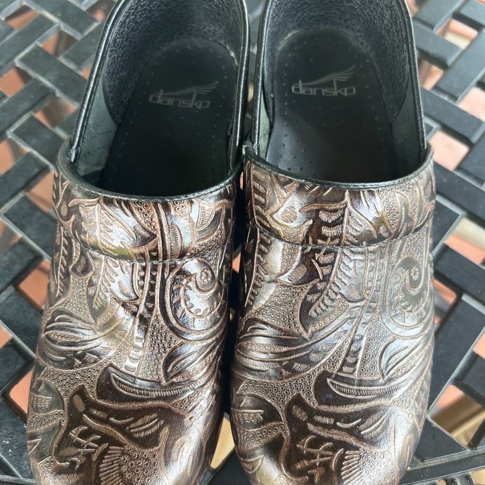 Dansko Brown Mules with Ornate Swirling Design